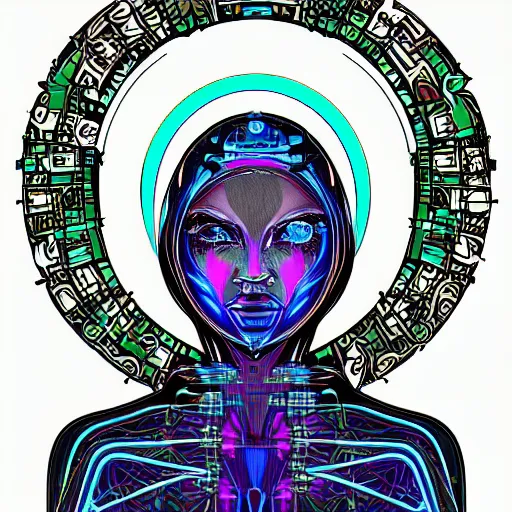 Image similar to portrait of a future metaverse cyborg tech shaman warrior, 2D cartoon, flat cartoony, visionary art, symmetric, Magick symbols, holy halo, shipi bo patterns, sci-fi