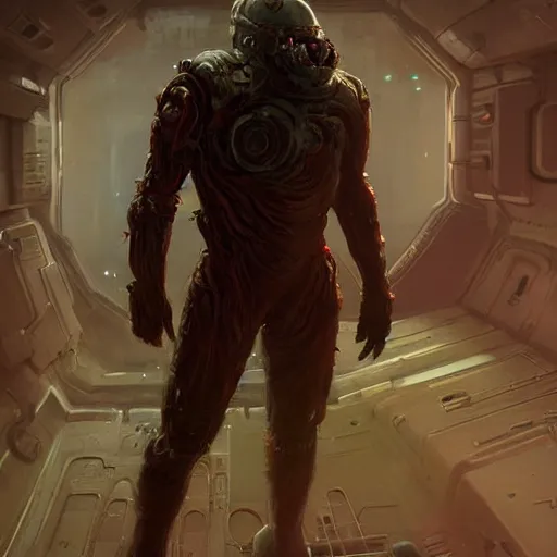 Image similar to scifi art by Greg Rutkowski, a person infected with a kind of reddish silt that is sprouting from all over his body, violent and vicious appearance, dressed in a futuristic space suit, claustrophobic science fiction setting inside a desolate space colony, detailed and intricate environment, high technology, digital painting, artstation, concept art, smooth, sharp foccus ilustration, Artstation HQ.