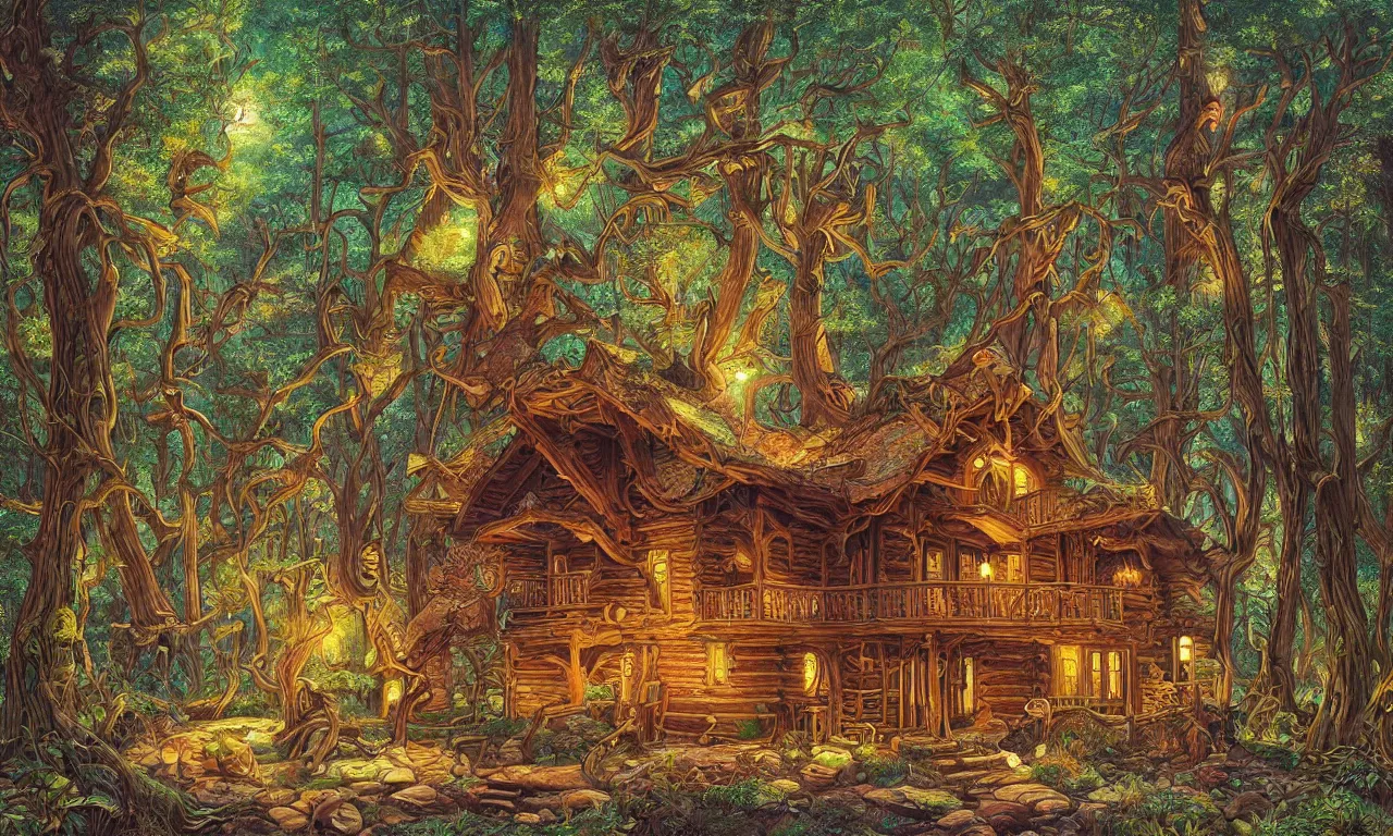 Image similar to a cabin in a mystical forest filled with grand magic, illustration painting, oil on canvas, intricate, hd, digital art, overdetailed art, complementing colors, detailed, illustration painting by alex gray, digital art, moebius