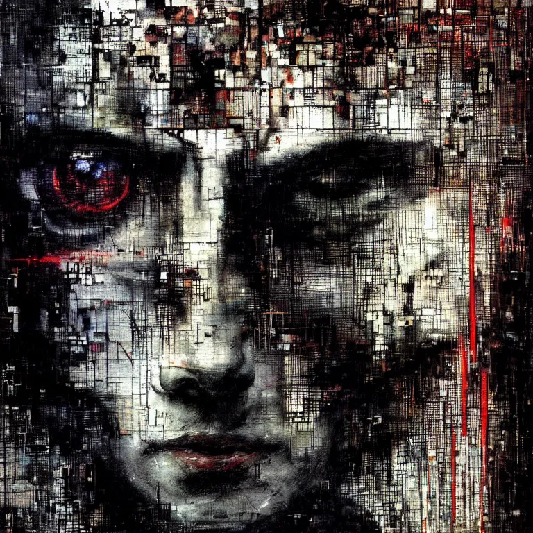 Image similar to portrait of a cyberpunk man, mysterious, glitch effects over the eyes, shadows, by Guy Denning, by Johannes Itten, by Russ Mills, centered, glitch art, hacking effects, chromatic, cyberpunk, color blocking, oil on canvas, concept art, abstract