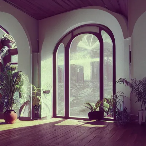 Prompt: 70s interior with arched windows, natural sunlight, summer, hanging plants, cinematic, cyberpunk, lofi, calming, dramatic, fantasy, by Moebius, by zdzisław beksiński, Fantasy LUT, epic composition, sci-fi, dreamlike, surreal, angelic, cinematic, 8k, unreal engine, photorealistic, fantasy concept art,