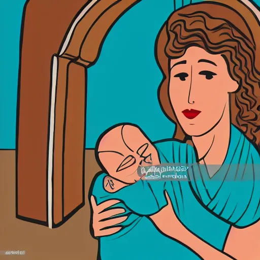 Image similar to 40s illustration of 80 year old sentimental Mediterranean skinned woman in ancient Canaanite clothing holding a newborn baby, crying, awe, love, ancient interior tent background