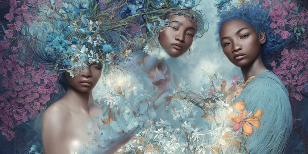 Image similar to breathtaking detailed concept art painting blend of two afroamerican goddess of light blue flowers by hsiao - ron cheng with anxious piercing eyes, vintage illustration pattern with bizarre compositions blend of flowers and fruits and birds by beto val and john james audubon, exquisite detail, extremely moody lighting, 8 k