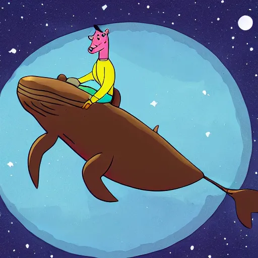 Image similar to Bojack Horseman riding a whale in space, digital art, Bojack Horseman