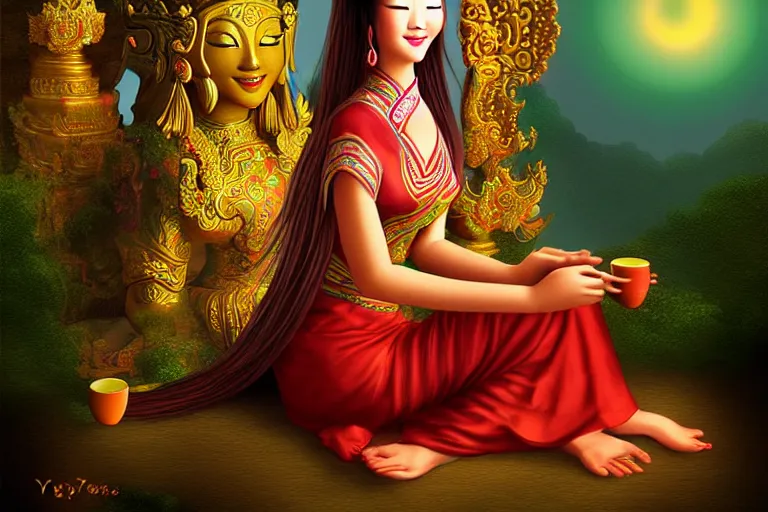 Image similar to vietnamese smiling sitting goddess, pro photo mystical temple night, tea vapors, detailed soft digital fantasy art