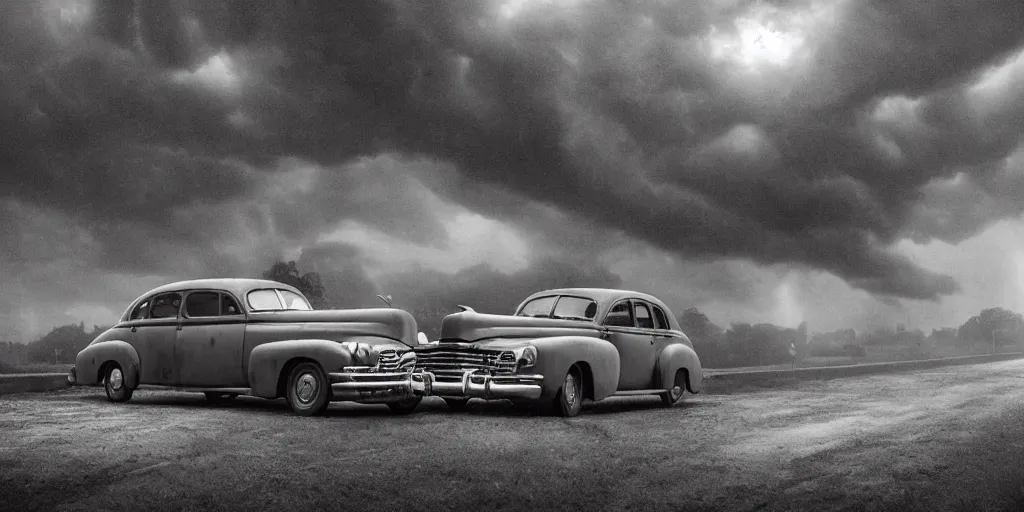 Image similar to Lovecraft Country, ultra detailed haunted house, stormy weather, rain, ultra detailed rain clouds, establishing atmospheric shot, unreal engine, F11 aperture, night, detailed volumetric fog, lighting and thunder, film grain, ultra detailed grey 1948 Packard Station Sedan parked in the street,