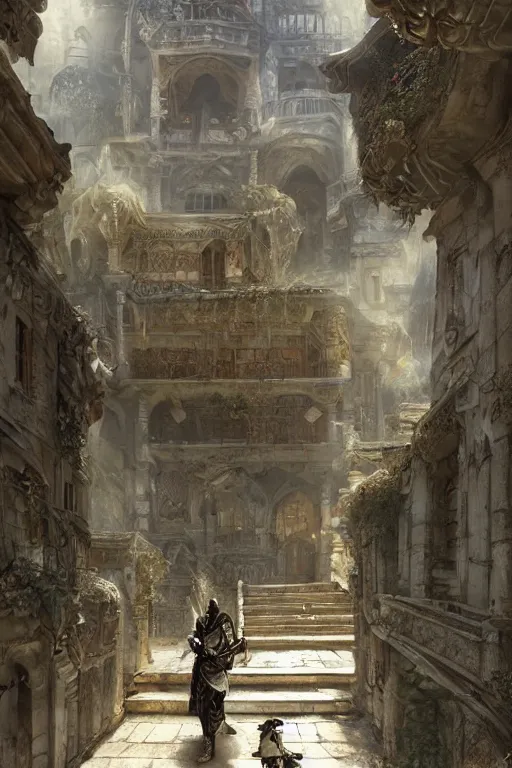 Image similar to an biomechanical palace guard walking through the byzantine courtyard by anders zorn, wonderful, mandelbulb 3 d buildings, fractal designs, dynamic, masterpiece by greg rutkowski, hyperrealism, beautiful cinematic light, by greg manchess, jessica rossier