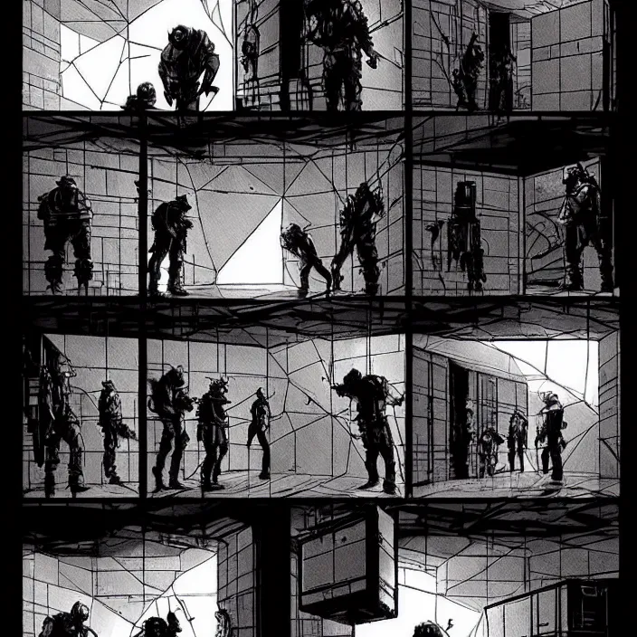 Prompt: miners wait to enter a big cube with one door. storyboard, scifi cyberpunk. by gabriel hardman, joe alves, chris bonura. cinematic atmosphere, detailed and intricate, perfect anatomy