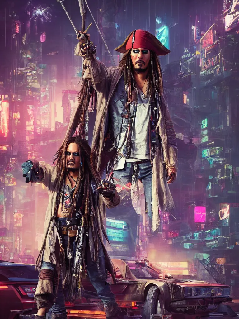 Image similar to jack sparrow in the game of cyberpunk 2 0 7 7, portrait, focus, 3 d illustration, sharp, intricate, poster, jack sparrow standing in front of the futuristic car, night city dystopian cyberpunk city in the background, photo, 3 d super render