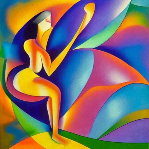 Prompt: woman dances by a river to the rhythm of the water and the wind blows in the trees, abstract art in the style of cubism and Georgia o keefe,