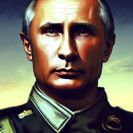 Image similar to Vladimir Putin as General Sebastiano Di Ravello from Just Cause 2 game, portrait, highly detailed, digital painting, artstation, concept art, smooth, sharp focus, illustration, cinematic lighting, art by artgerm and greg rutkowski and alphonse mucha