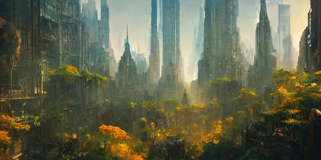 Image similar to a breathtaking fantasy solarpunk new york city, landscape illustration by greg rutkowski, bright sunlight, ethereal lighting, vivid and colorful trees and plants and flowers on buildings, smooth digital concept art, 4 k, trending on artstation