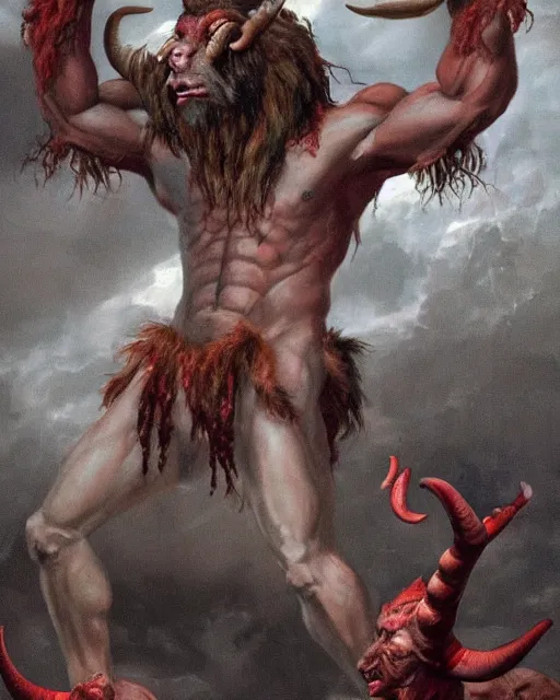 Image similar to a red skinned highly muscular devil satyr with goat legs, yellow goat eyes, long pointy chin, red face, and two huge water buffalo like black horns jutting out from the top of his large red head, in the style of darkness from the movie legend