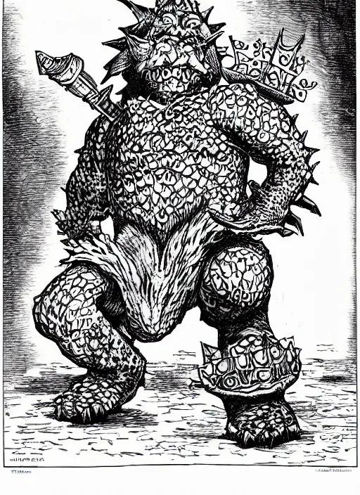 Prompt: bowser/king koopa as a D&D monster, full body, pen-and-ink illustration, etching, by Russ Nicholson, DAvid A Trampier, larry elmore, 1981, HQ scan, intricate details, Monster Manula, Fiend Folio