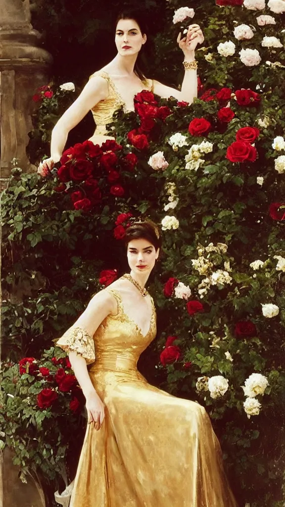 Prompt: beautiful young carole bouquet in detailed golden sleeve balloon lace dress beside a pot of red roses set near a persian pot by john singer sargent