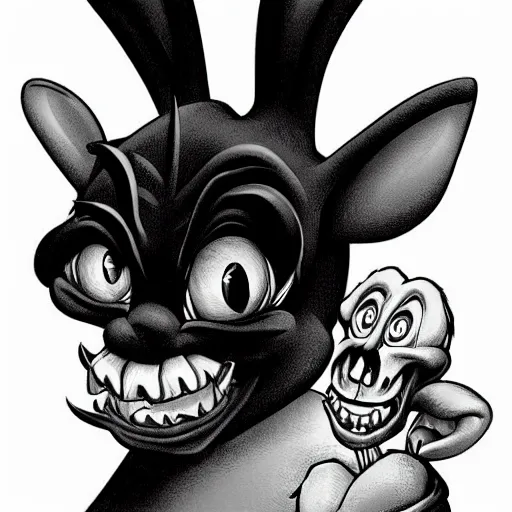 Image similar to A extremely highly detailed majestic hi-res beautiful, highly detailed head and shoulders portrait of a scary terrifying, horrifying, creepy goofy evil black cartoon rabbit with scary big eyes, earing a shirt laughing, hey buddy, let's be friends, in the style of Walt Disney