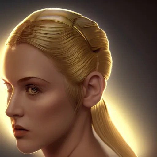 Image similar to beautiful blond girl in princess leia's gold bikini, symmetrical face, artstation, cinematic lighting, 8 k, high detail