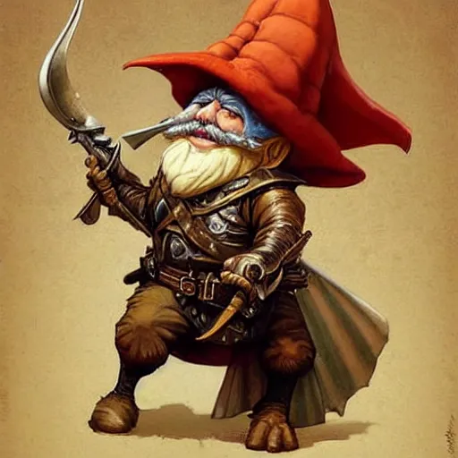 Prompt: ( ( ( brigganock gnome dressed like a musketeer riding a giant tortoiseshell cat ) ) ), d & d, fantasy, medieval, greg rutkowski, frank frazetta, alexandre chaudret, boris vallejo, michael whelan, miro petrov, magali villeneuve