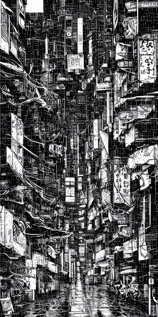 Prompt: manga illustration of poor cyberpunk city, rainy weather, highly detailed,