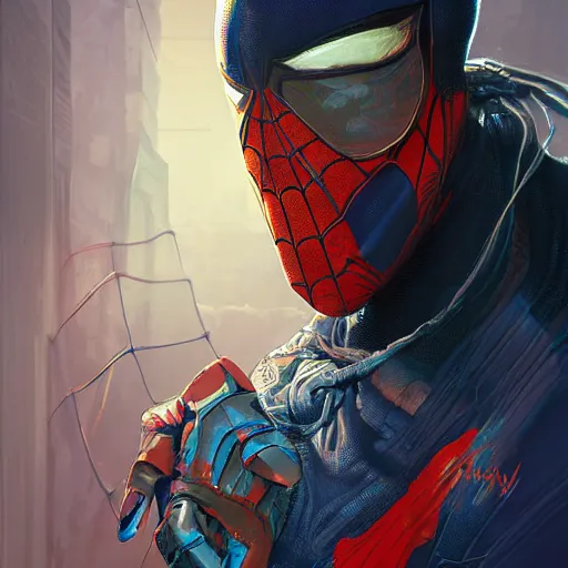 Image similar to spiderman as apex legends character, digital illustration portrait design, by android jones and greg rutkowski, retrowave color scheme, detailed, cinematic lighting, wide angle action dynamic portrait