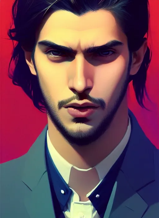 Image similar to a man in his twenties, the indians ， handsome, long hair, suit ， perfect face, symmetric eyes, sharp focus, specular reflection, occlusion shadow, artstation, by ilya kuvshinov and jeremy lipking, light novel cover art, 3 d epic illustrations, symmetric body