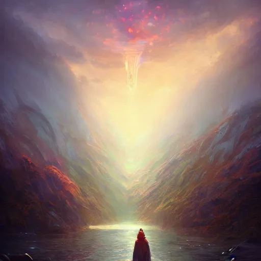 Prompt: spiritual journey, hyperrealistic oil painting, super detailed, colorized, 8k, trending on Artstation, D&D, fantasy, raytracing, depth of field, bokeh, iridescent accents, vibrant, award winning, by Anato Finnstark and Marc Simonetti, spectacular lighting, octane rendered