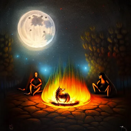 Image similar to strange mythical beasts of sitting around a fire under a full moon, surreal dark uncanny painting by ronny khalil