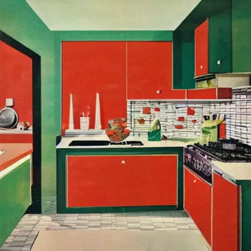 Prompt: mid century style of watermelon in the kitchen