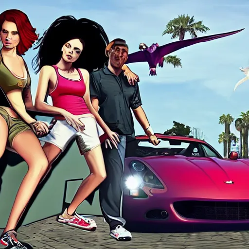 Image similar to A GTA 5 game loading screen featuring A Pterodactyl, La Llorona, a redhead Waifu, CHAPPIE in an Adidas track suit, and a TVR Sagaris