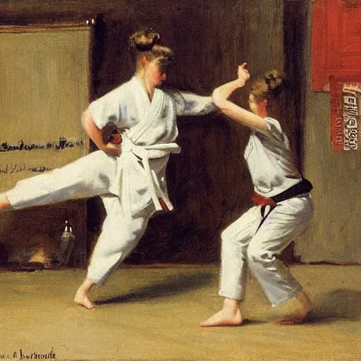 Prompt: actress training judo by alfred stevens