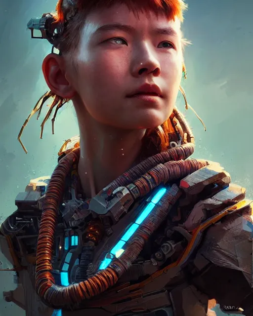 Prompt: portrait of Aloy as a cyborg. intricate abstract. intricate artwork. by Tooth Wu, wlop, beeple, dan mumford. octane render, trending on artstation, greg rutkowski very coherent symmetrical artwork. cinematic, hyper realism, high detail, octane render, 8k, iridescent accents