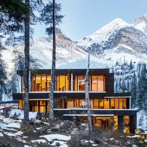 Prompt: Stunning mountains house,surrounded by ice lake