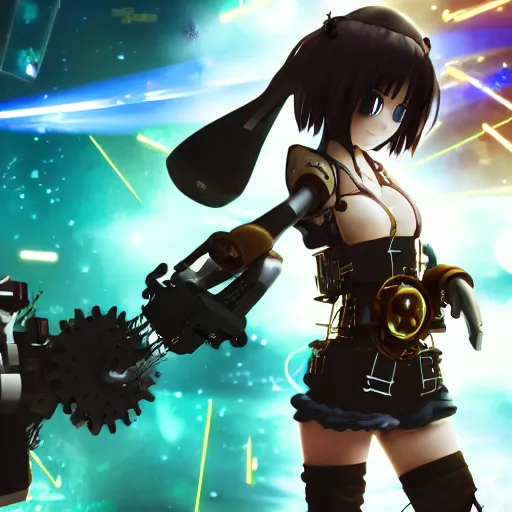 Image similar to anime girl destroying steampunk robots with guns with a steampunk katakana, epic, extremely detailed, sparks, particles, cinematic lighting,