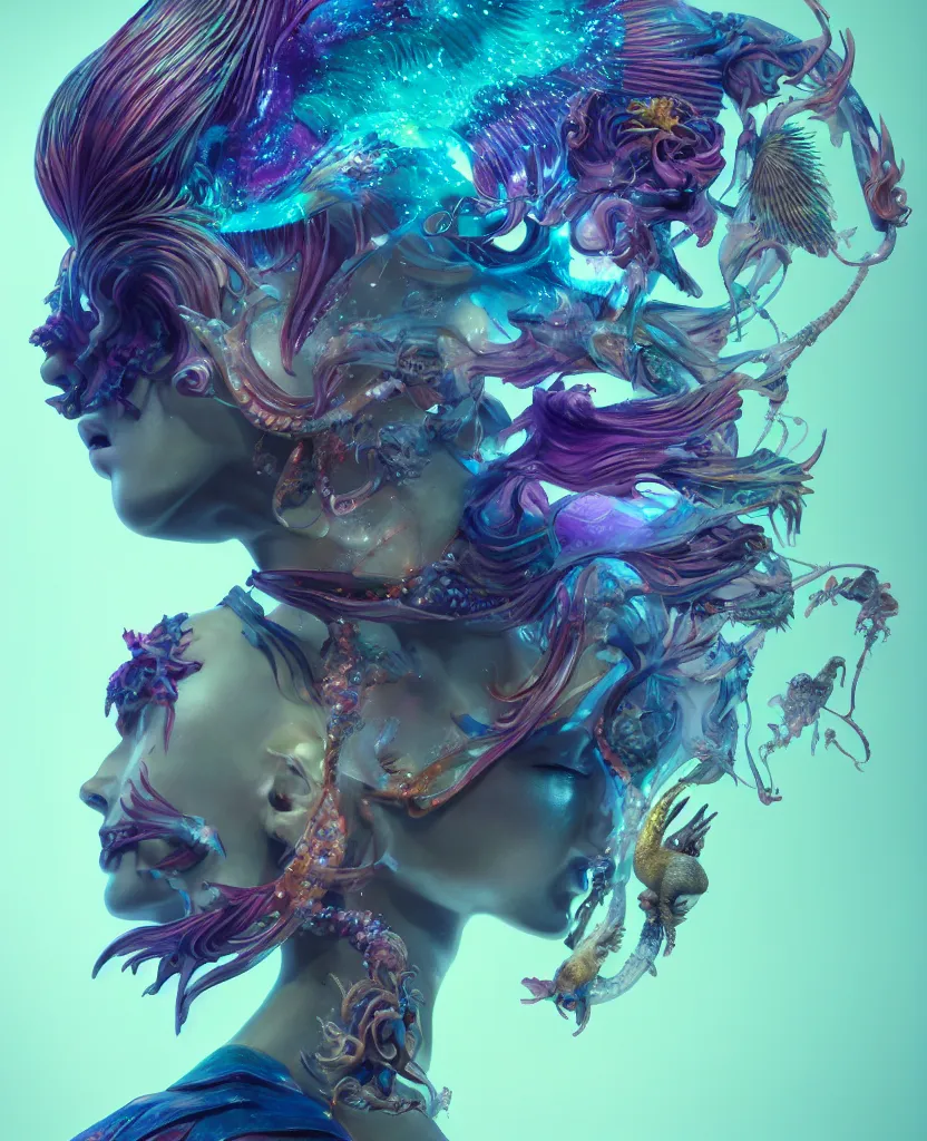 Image similar to goddess full color painted acryllic sculpture close-up portrait. orchid bird phoenix head, nautilus, skull, betta fish, bioluminiscent creatures, intricate artwork by Tooth Wu and wlop and beeple. octane render, trending on artstation, greg rutkowski very coherent symmetrical artwork. cinematic, hyper realism, high detail, octane render, 8k