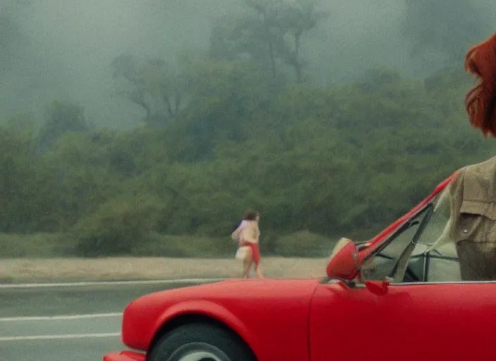 Prompt: A very high resolution image from a new movie, landscape from a car window , teen red hair woman, raining, hot, directed by wes anderson