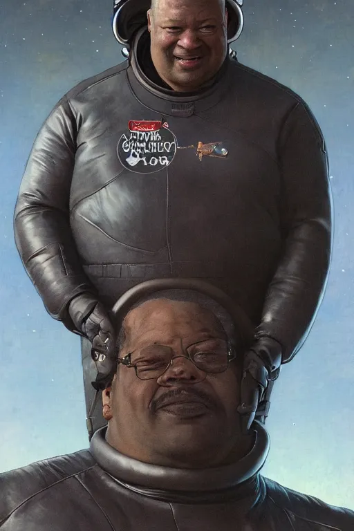 Image similar to upper body portrait of fat lennie james as baron harkonnen wearing leather spacesuit, detailed, sunshine, nebula space background, illustration by norman rockwell, artstation character art, john william waterhouse, concept art, greg rutkowski