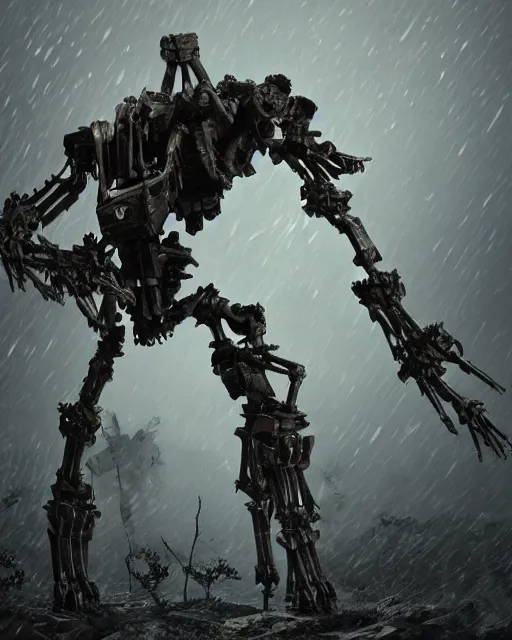 Prompt: a dramatic shot of a tall skinny biomechanical mech made of bones and obsidian with cyber muscles and insect parts and pale skin fighting a world war one soldier in eerie trenches of verdun at night while it's raining