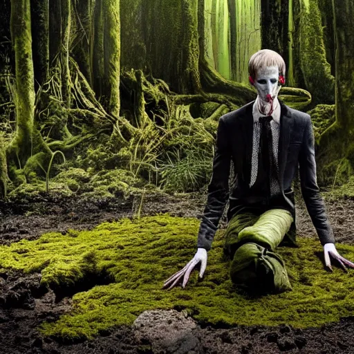 Image similar to Enigmatic Slender Man with Mud and Moss over his skin and plants growing on him is kneeling in a dirty pond, Photorealistic, Sunlight, Photograph, National Geographic, Hyperdetailed