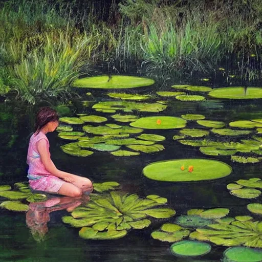 Image similar to Painting. a young girl is sitting on the edge of a pond, with her feet in the water. She is looking at a frog that is sitting on a lily pad in the pond. pine green by Wadim Kashin, by Bruce Munro earthy