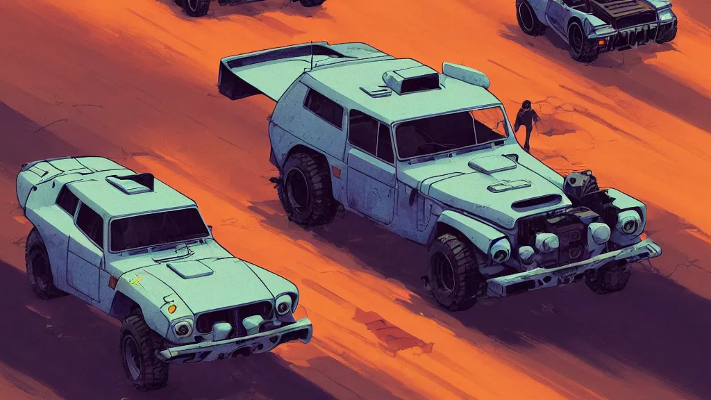 Image similar to digital illustration of mad max's fj 4 0 pursuit special, the last v 8 interceptor driving down a deserted cyberpunk highway in the middle of the day by studio ghibli, anime style year 2 0 9 3, by makoto shinkai, ilya kuvshinov, lois van baarle, rossdraws, basquiat