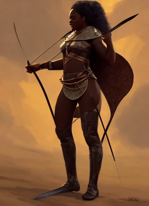 Image similar to full body portrait of beautiful black woman as a medieval archer, leather armor and war bow, cinematic, highly detailed, digital painting, artstation, concept art, smooth, sharp focus, illustration, face by wlop, illustrated by mars ravelo and greg rutkowski