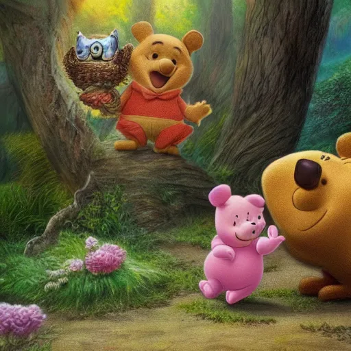 Prompt: Winnie the poo playing with piglet and owl 4k extremely detailed surrealism