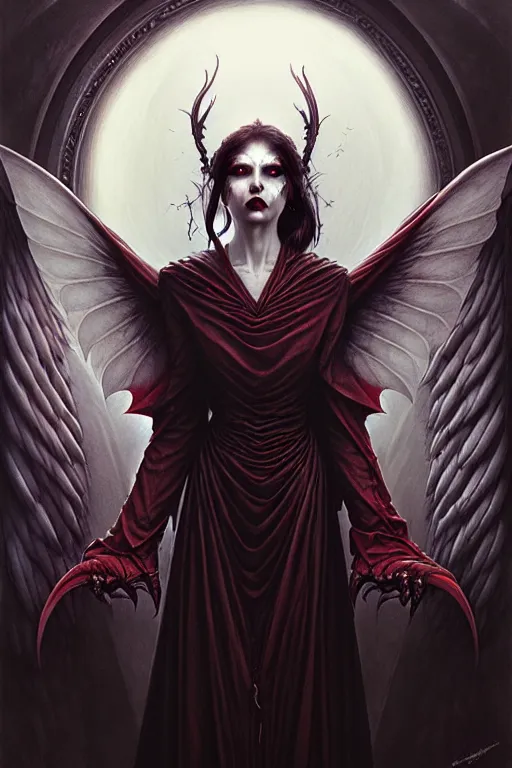 Image similar to winged vampire with a beautiful face by anna podedworna, ayami kojima, greg rutkowski, giger, maxim verehin