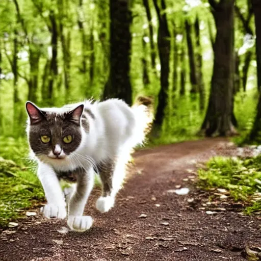 Prompt: a cat with the face of a dog, running in the woods, photo
