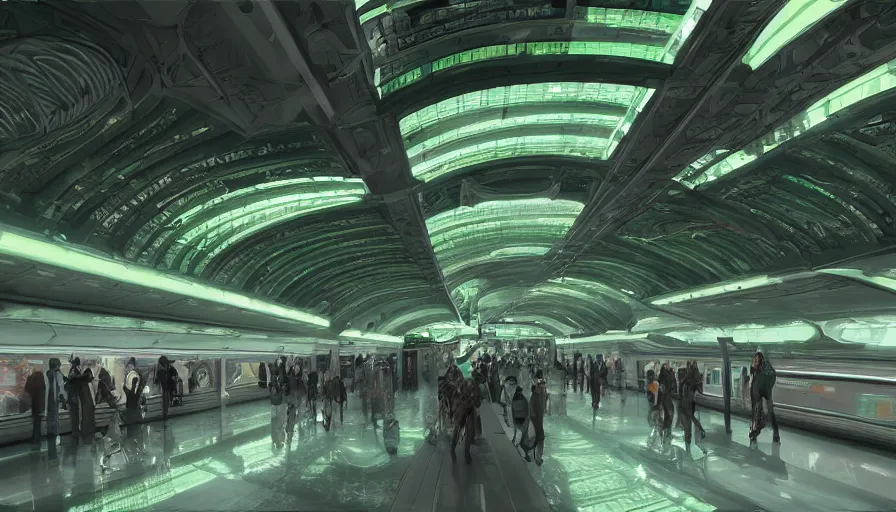 Image similar to interior of a green and white futuristic train station, hyperdetailed, artstation, cgsociety, 8 k