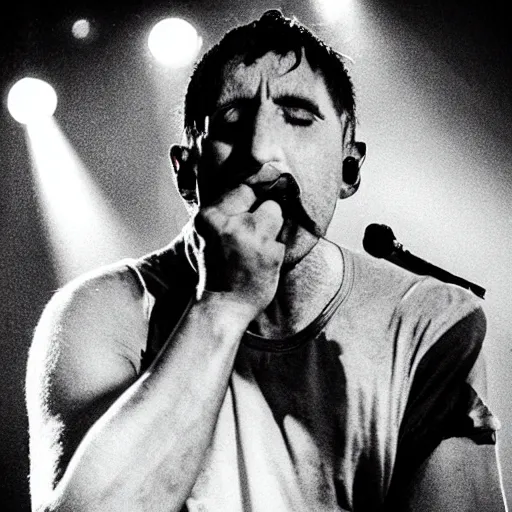 Prompt: Concert photo of Trent Reznor eating an ice cream cone on stage. Flash photography, hyper realistic, highly detailed.