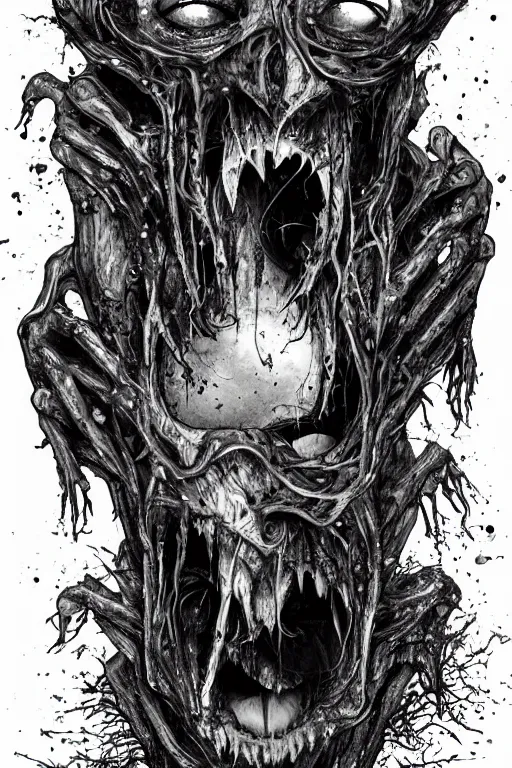Prompt: black and white illustration, creative design, body horror, rotting monster