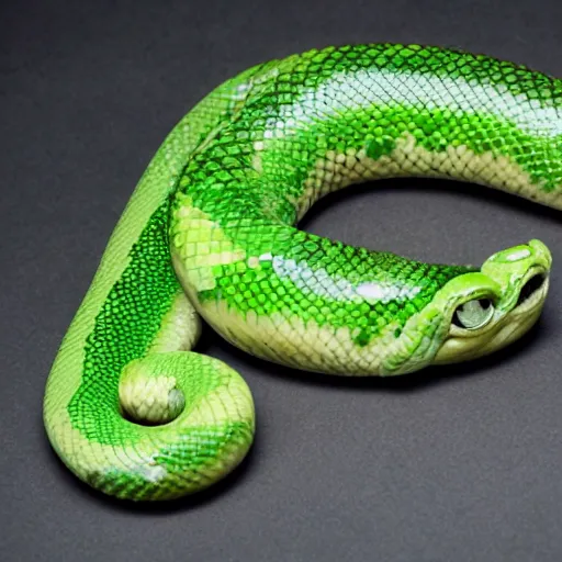 Image similar to long green Sausage with snake head eyes and fangs and with scales