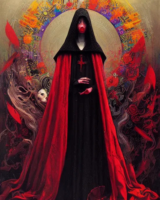 Prompt: portrait of a medieval scarlet hooded woman priestess, goth punk, floral flowers, rainbow colors, surreal, a flemish baroque by alexander mcqueen, art by john collier by greg rutkowski and craig mullins, oil on canvas