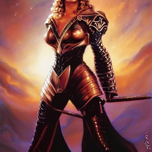 Prompt: portrait of a stunningly beautiful paladin in copper plate armor who looks like young michelle pfeiffer, moonlight in the background by boris vallejo and julie bell, soft details, soft lighting, HD, elegant, intricate, masterpiece